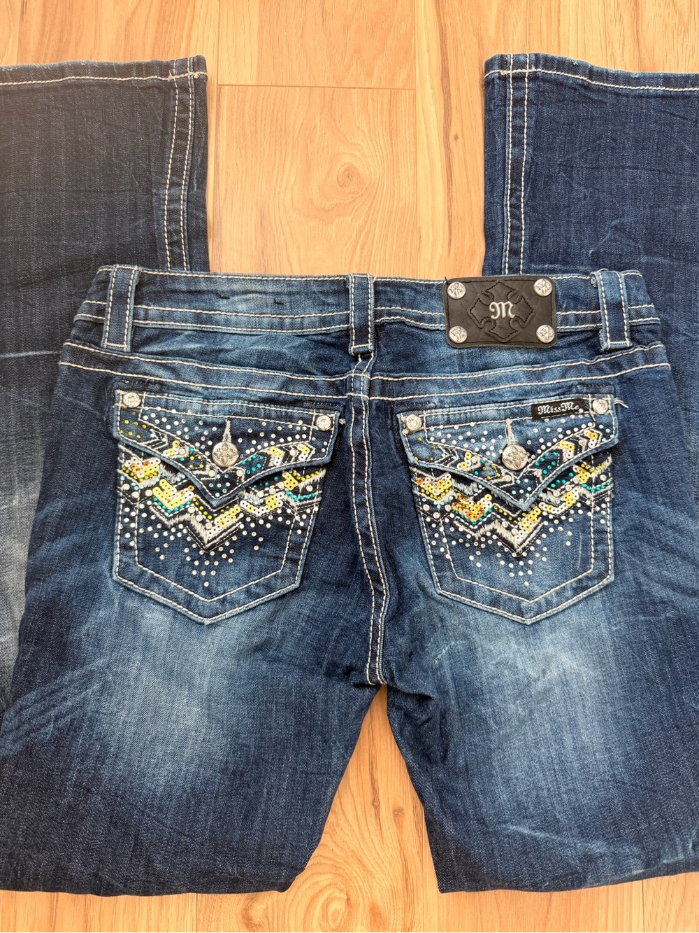 Miss Me Blue Denim Bootcut Jeans with Beaded Embellished Pockets